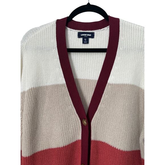 Lands End Drifter Sweater Size XL Striped Colorblock Cardigan Chunky Cable Knit - Picture 2 of 11